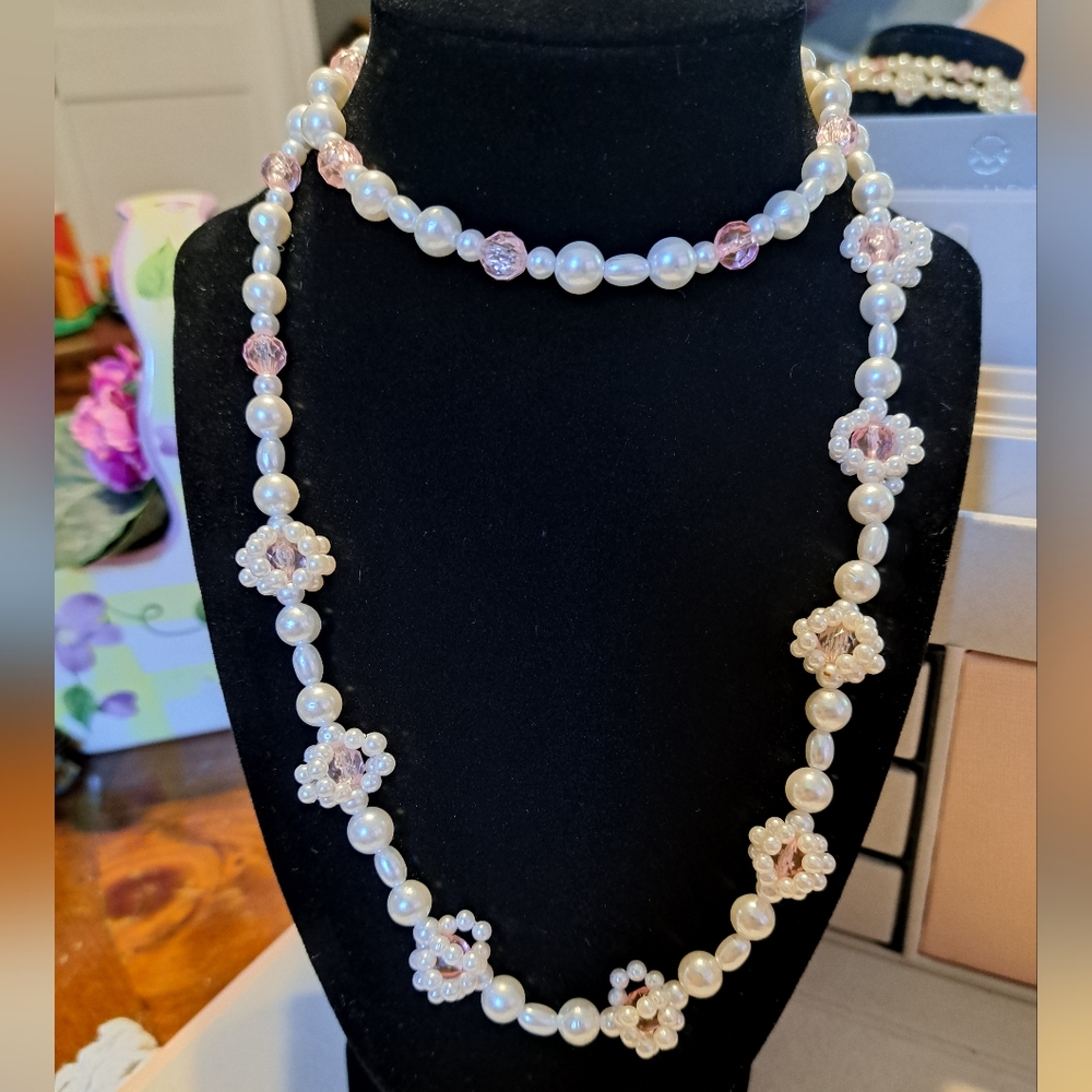 Beautiful Faux Pearl And Pink Beaded 32"L Necklace